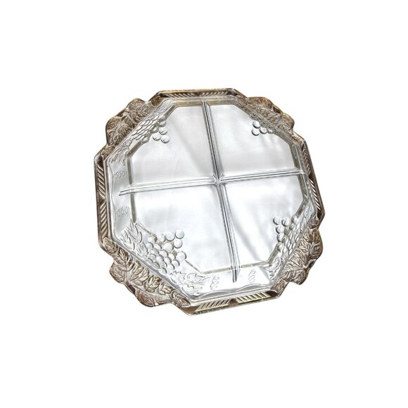 Vintage 1950s Jeannette Glass 4‑Section Relish Tray w/ Grape Motif & Gold Trim - Picture 7 of 9